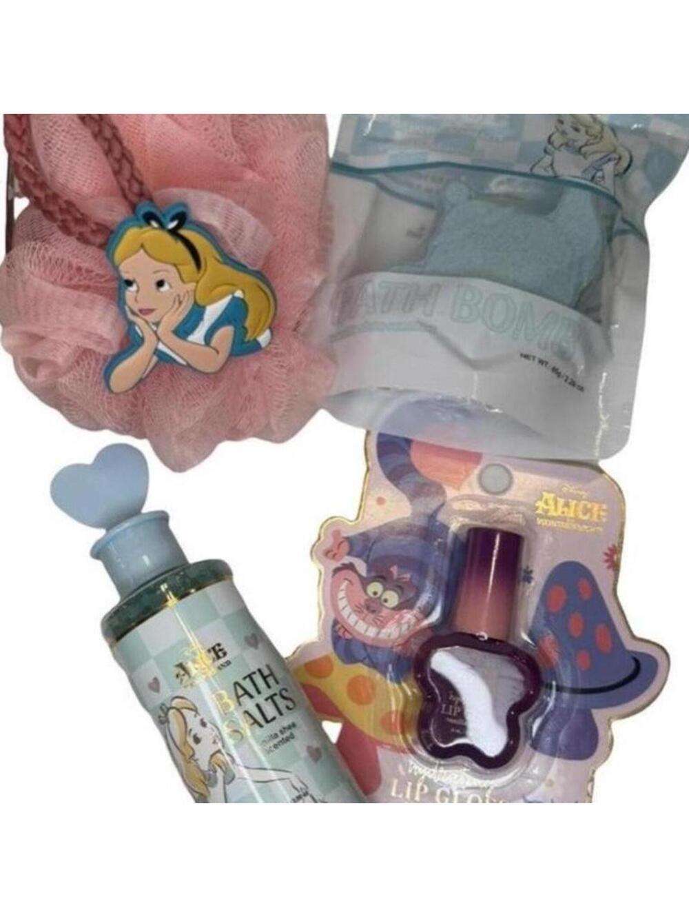 Disney Alice in Wonderland Bath Beauty Bundle 4-Piece Body Poof Cheshire Cat NWT